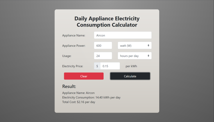 Appliance energy cost calculator showing electricity usage of home appliances