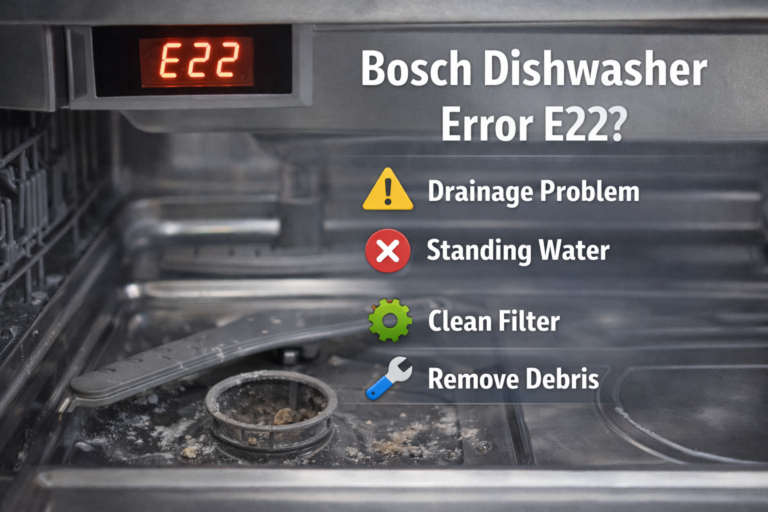 Bosch dishwasher showing error code E22 indicating a drainage problem