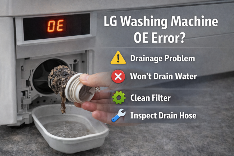 LG washing machine showing OE error code caused by a drainage problem
