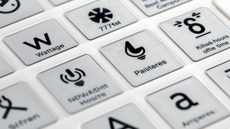 Appliance power label showing watts, kilowatt-hours, and amperage values explained